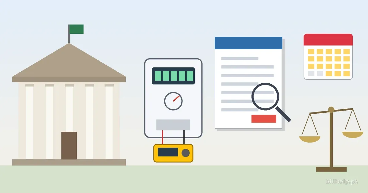 Illustration of a disputed electricity bill and meter being checked with a test instrument, next to a government office building, a calendar and a balance scale