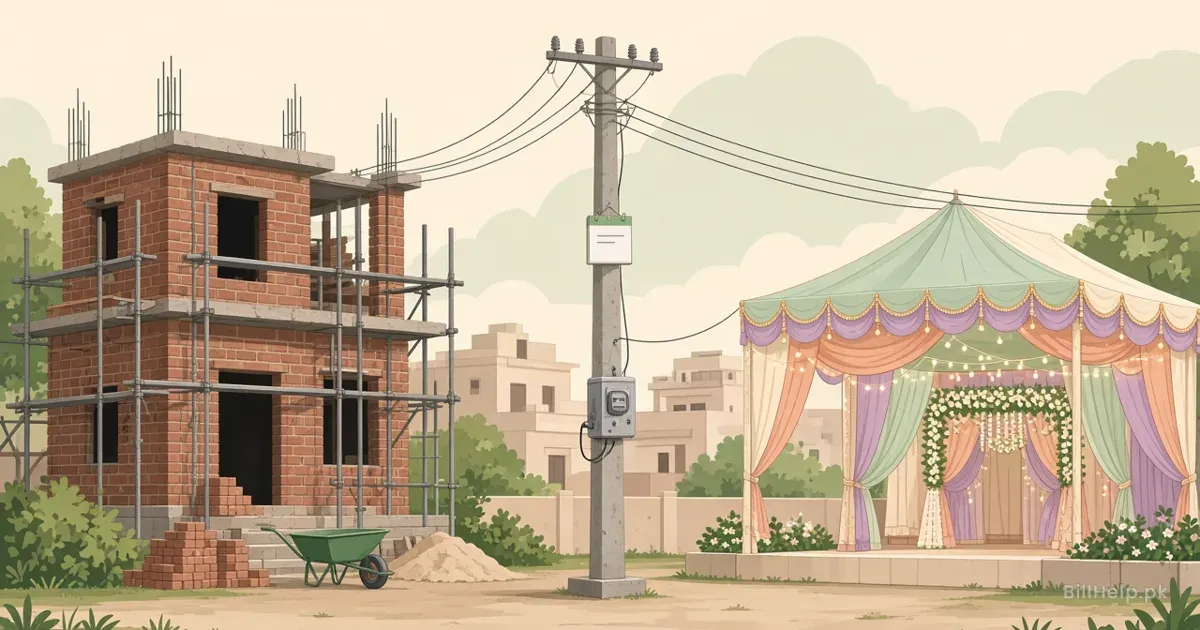 Illustration of a brick house under construction with scaffolding and a wedding tent with string lights, both supplied from one electricity pole with a meter box