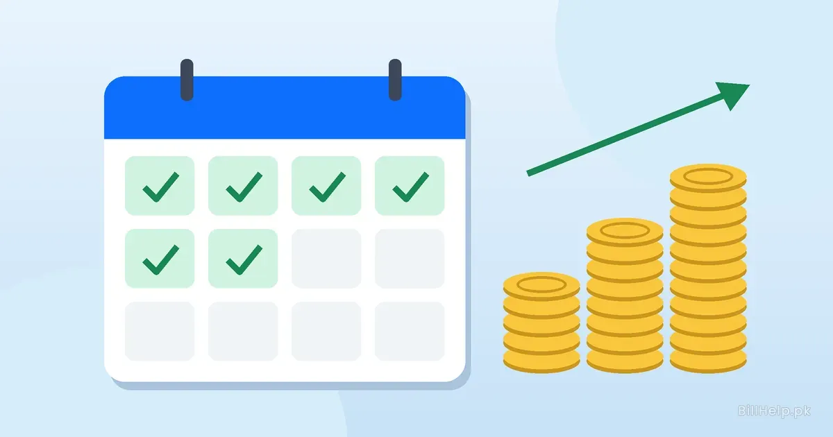 Illustration of a calendar with ticked months and stacks of coins, showing dues paid in monthly installments