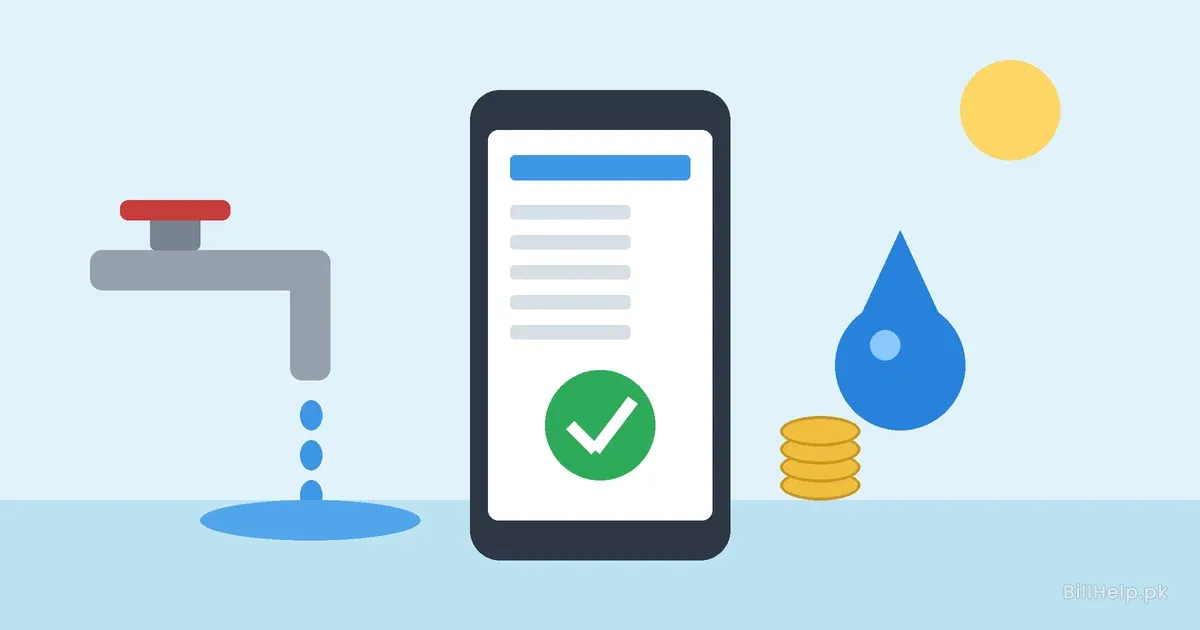 Illustration of a phone showing a water bill with a green paid tick, next to a water tap and a blue water drop