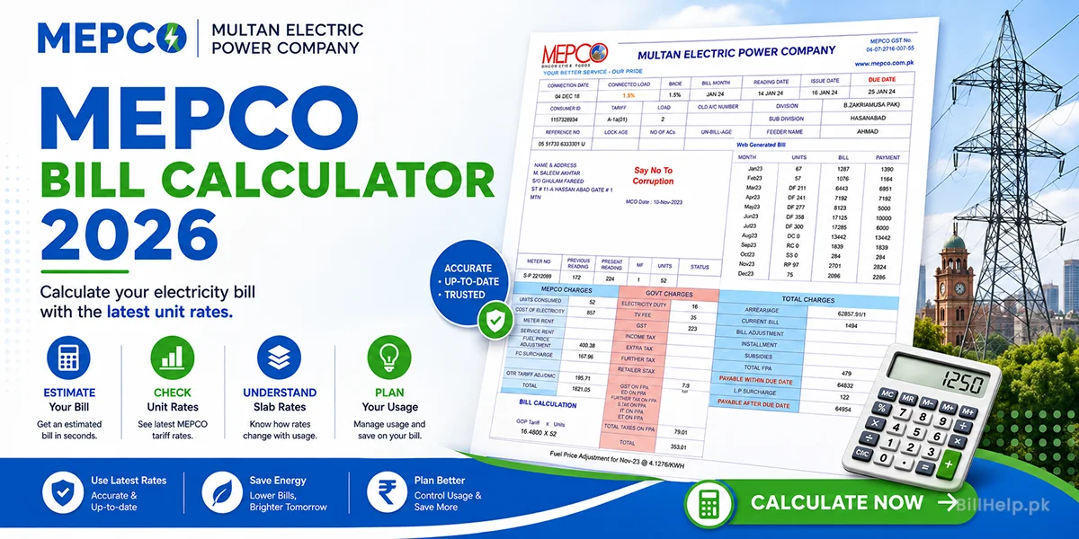 MEPCO Bill Calculator with latest tariff