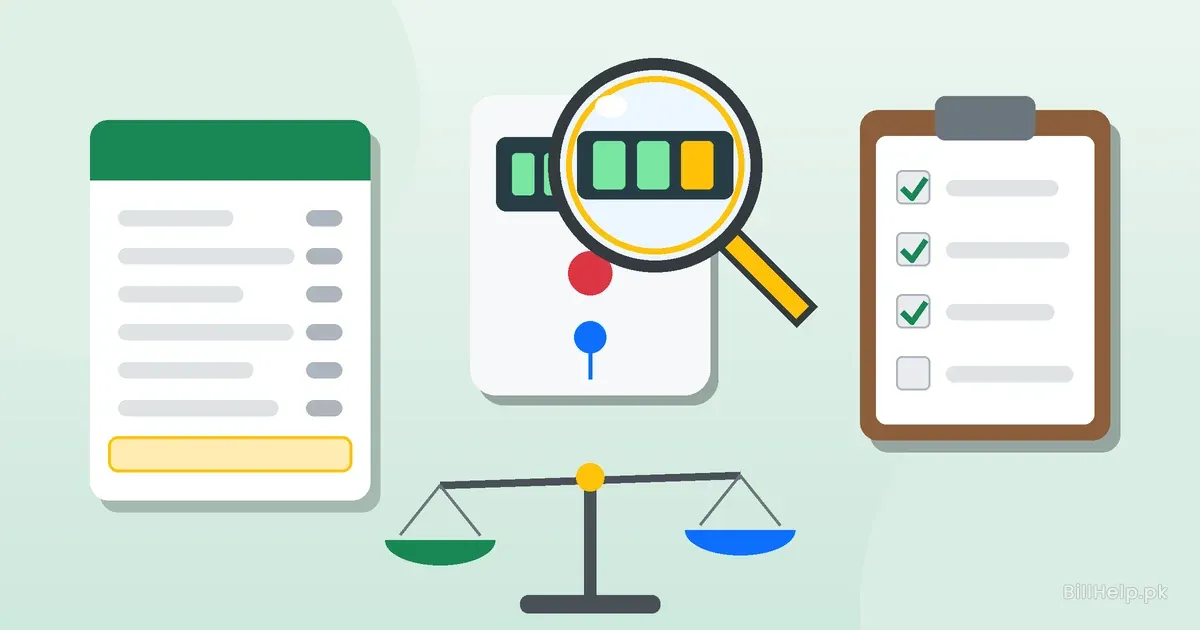Illustration of an electricity meter under a magnifying glass beside a bill sheet with one highlighted line, a checklist clipboard and a balance scale, for checking a detection bill