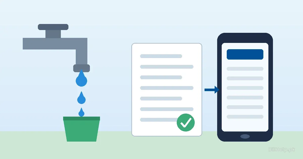 Illustration of a dripping water tap over a bucket, a paper bill copy with a green tick and a phone showing a bill page